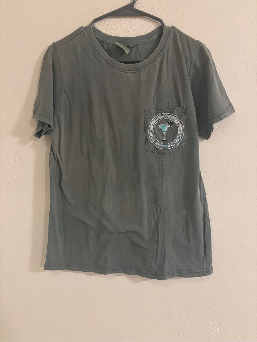 #vintage Washed Slate Green Pocket Tee with Cocktail Patch